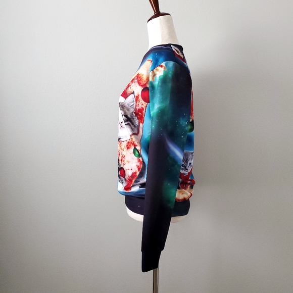 Cats & Pizza Blue Christmas Holiday Sweatshirt, Size Medium/ Large - Picture 3 of 12